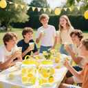  2 Piece Lemon Plastic Drink Dispenser and 40 Pcs Lemon Paper Party Cups 1 Gallon Iced Beverage Dispenser Tea Jar with Spigot and Carrying Lid Clear Dispenser for Lemonade Stand Lemon Juice Tea Beer