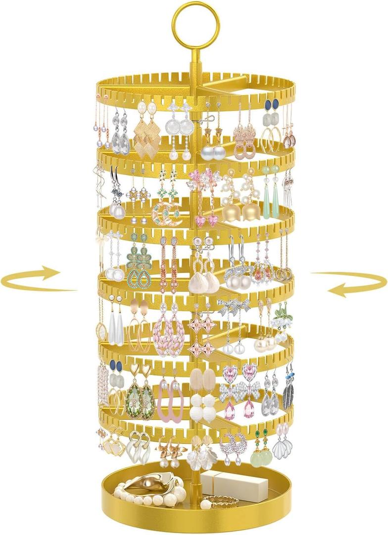 iDavosic.ly 6 Tier Rotating Earring Holder Organizer with Metal Tray, Adjustable Plastic Dangle Display Stands Tree with 342 Grooves, Large Hoop Storage Rack Tower, Gold