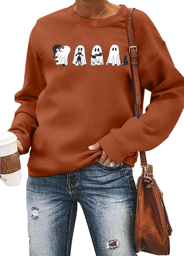 MNLYBABY Halloween Sweatshirts Women Cute Ghost Shirt: Oversized Coffee Lover Fall Pumpkin Sweater Spooky Hoodie Top (Medium, Dark Orange)