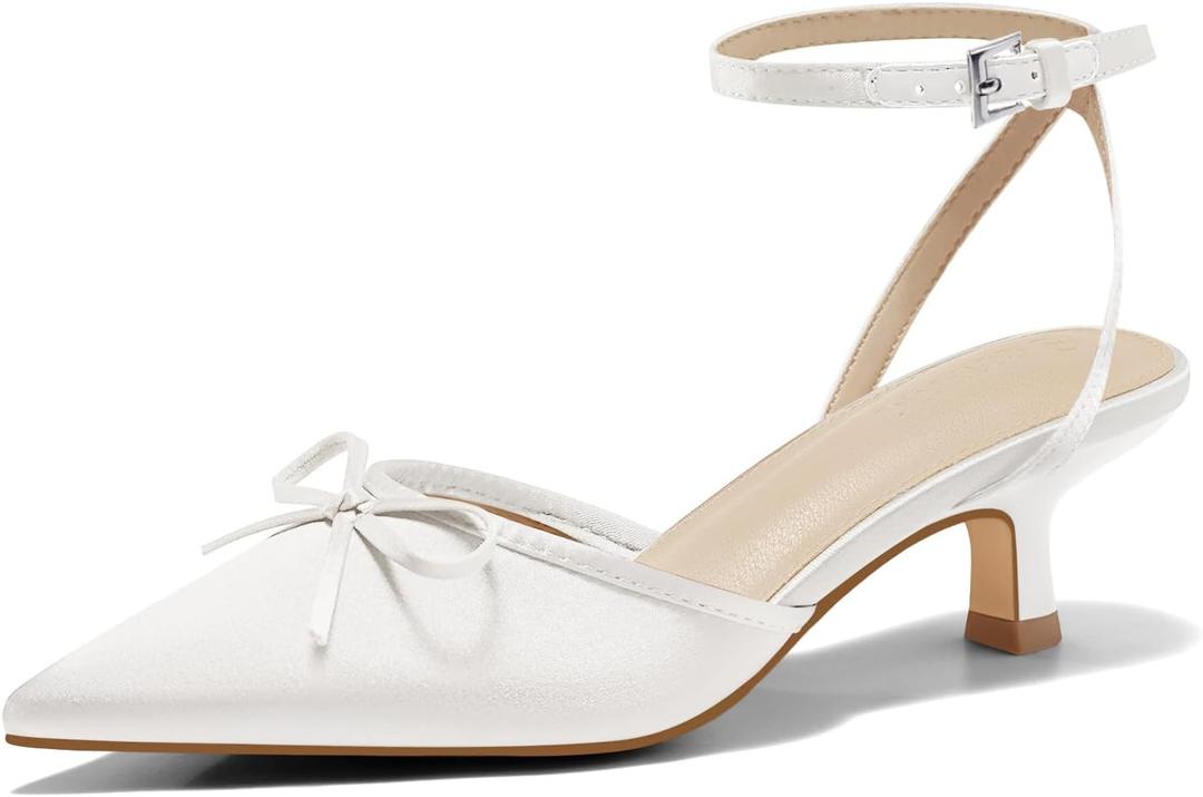 Coutgo Satin Kitten Low Heels with Bow Closed Pointed Toe Short Pumps Dress Wedding Party Shoes (8.5, White)