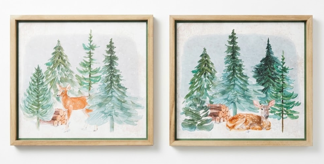 2PCS Vintage Forest Deer Framed Wall Art Set Rustic Farmhouse Artwork Prints Wall Decor for Home Bedroom Living Room 16.5x16.5 Inch