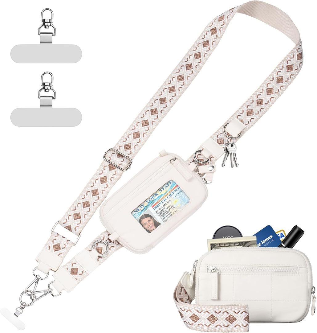 Clip and Go Strap for Phone with Wallet Crossbody Phone Lanyard with Anti-Theft Zipper Pouch Detachable Quilted Wrist Wallet with RFID and ID Window for Daily Travel. (Medium, Apricot)