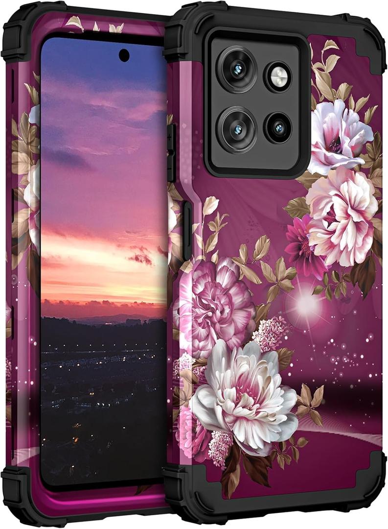 Hocase for Moto G 2026 Case, Moto G Power 2025 Case, Shockproof Heavy Duty Protection Soft Silicone Rubber Bumper+Hard Plastic Hybrid Protective Phone Case - Burgundy Flowers