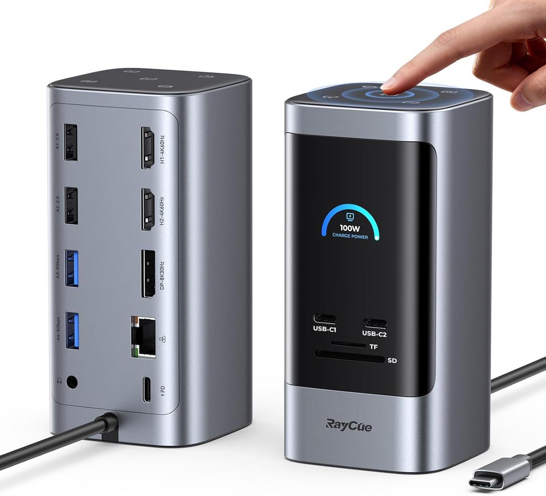 RayCue 15 in 1 Laptop Docking Station 3 Monitors, Triple 8K Display with 3 HDMI, 6 USB Ports, 5 Shortcut Button, Gigabit Ethernet, PD3.0, Smart Display for Windows/Dell/Lenovo/HP...(No Power Adapter)