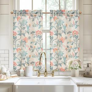 DriftAway Kitchen Curtain Floral Tier Linen Short Botanical Print Cafe Curtains 45 Inch Length for Living Room Bathroom Ada Farmhouse Rustic Drapes Rod Pocket 2 Panels Multi Ada Multi