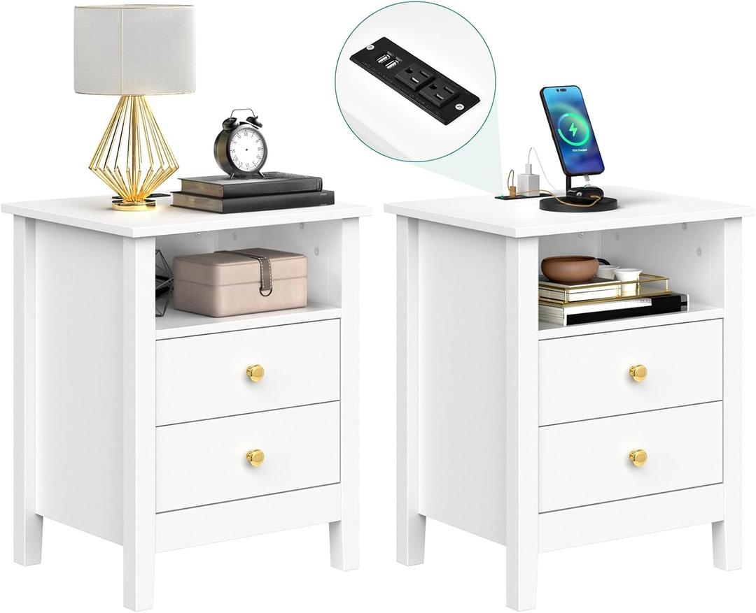 YITAHOME Nightstand with Charging Station, Night Stands with 2 Drawers for Bedroom, Modern Bedside Table End Side Table with USB Ports and Outlets, Set of 2, White