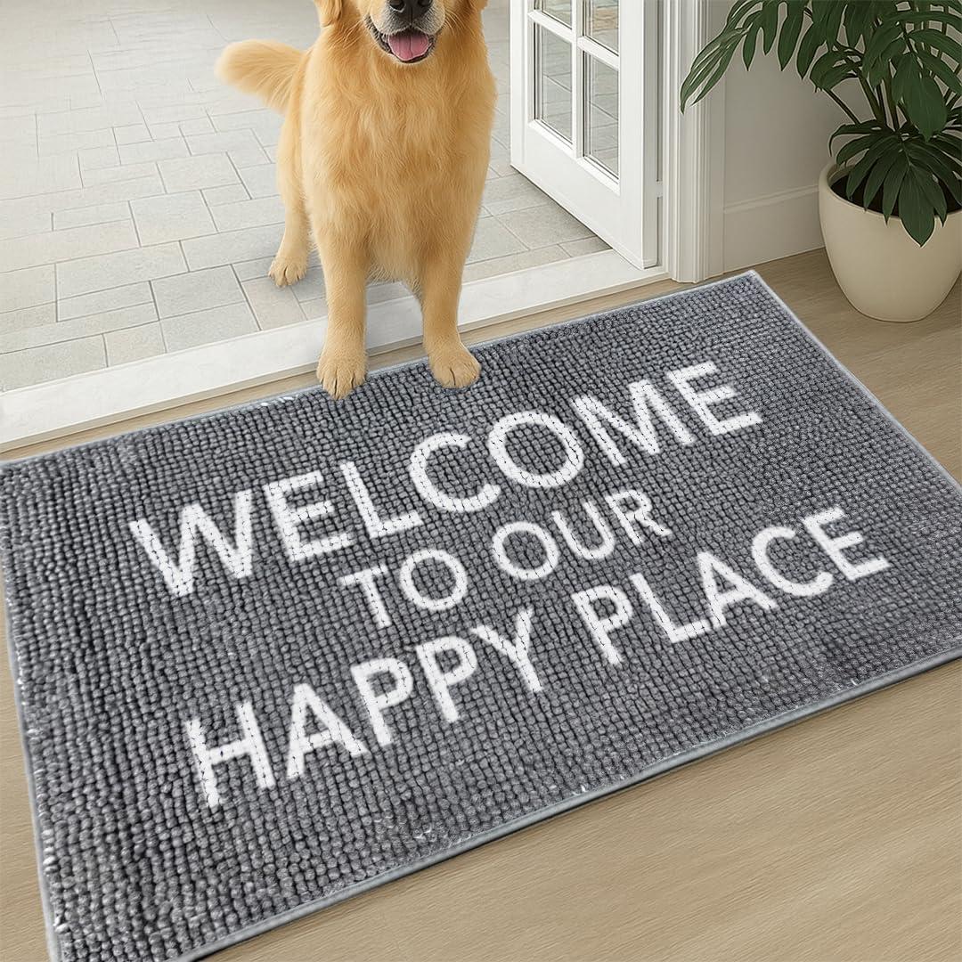 Muddy Mat Absorbent Microfiber Door Mat and Pet Rug, Non Slip Washable Chenille Indoor Outdoor Entry Rug for Kitchen Bedroom Bathroom - Welcome to Our Happy Place Funny Welcome Mat 19"x30"
