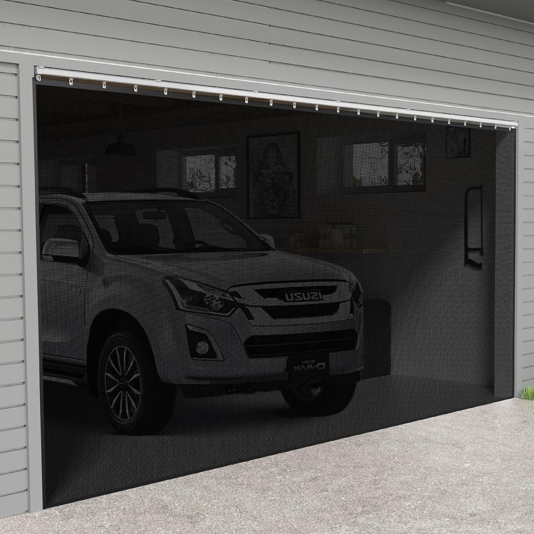Sliding Garage Door Screen with Track Closure - Retractable Privacy Curtain Keep Annoying Animals Out Easy Install Heavy Duty Fiberglass Mesh Net for Opening Garage Patio (Black, 16 ft x 8 ft)