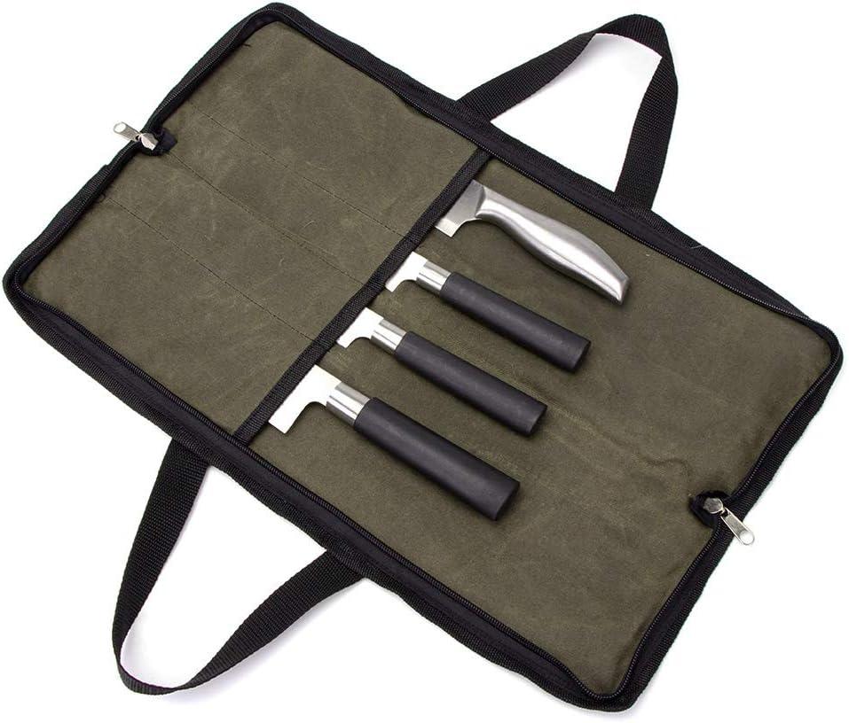 Knife Roll,Heavy Duty Knife Bag,Waxed Canvas knife Case with 4 Slots for Knives & Kitchen Tools,Chef Knife Bag with Handle.Portable Knife Roll Bag for Stroage Home Traveling Camping.Case Knives Pouch (Green)