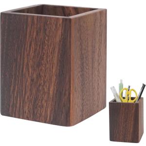 Wooden Pencil Holder for Desk, Wood Pen Black Walnut Cup Holder Square Handwork Natural Organizer Simple Stand for Pencils Make up Brushes Stationery Desks Offices Desk Desktop Decoration (Brown)