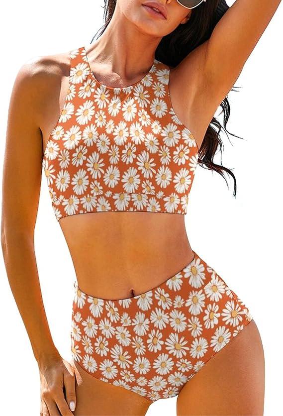 Cerburny High Waisted Bikini Sets for Women 2 Piece Swimsuit Women High Neck Bikinis Racerback Bathing Suits XS