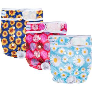 Pet Soft Female Dog Diapers, 3 Pack Washable Dog Diapers for Dogs in Heat, Reusable Dogs Period Panties, Puppy Diapers Female (Flowers, X-Large)