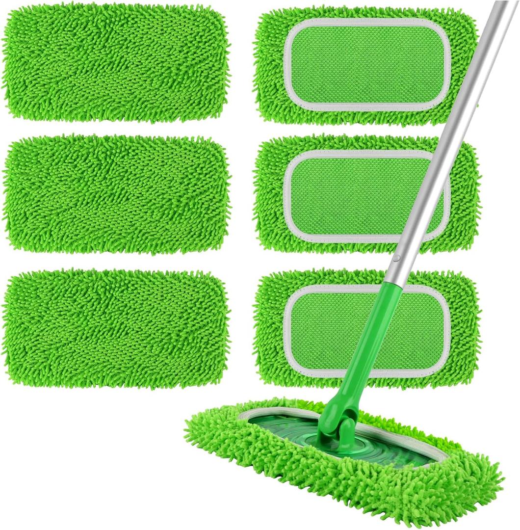 6Pcs Reusable Microfiber Mop Pads Compatible with Swiffer Sweeper, Wet and Dry Flat mop Cover, Replacement Sweeping Mopping pad Refills for Surface/Hardwood Floor Cleaning (Green 6 Pack)