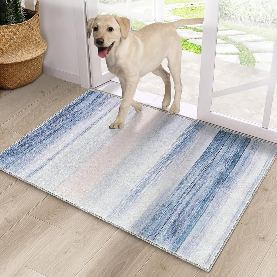CRISTGEE Door Mat, Front Indoor Door Mat Faux Wool Non-Slip Entryway Rug Absorbent Abstract Throw Rug for Indoor Entrance Hallway Laundry Room, High Traffic Areas, 20X32 Inches, Blue Washable (1'8" x 2'8" (Rectangular))