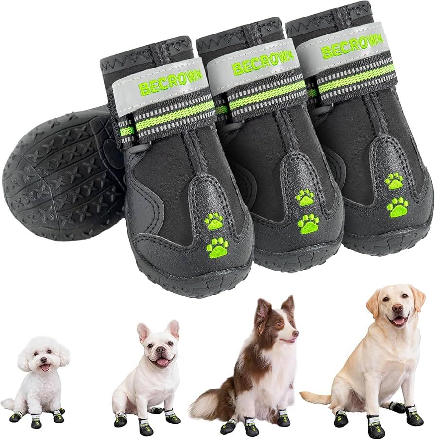 BECRWOM Pet Dog Waterproof Boots Anti-Slip Shoes Embroidered Design with Reflective Strap for Rain, Snow and Mud Roads, Outdoor Walking, Small to Medium Dog Shoes (Green, 1)