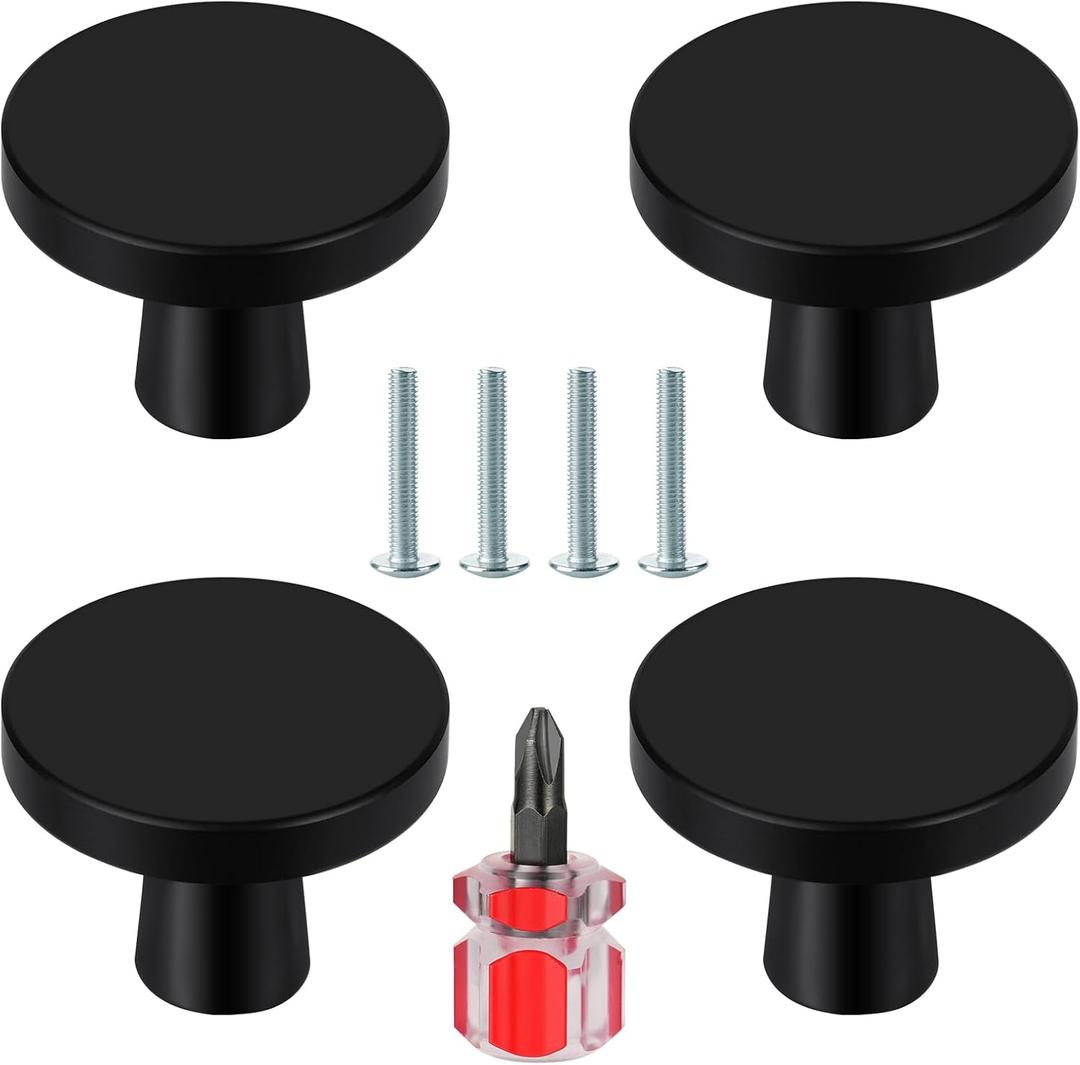 Ainiv 4 PCS Black Cabinet Knobs, Round Drawer Knobs, Mushroom Dresser Handle, Single Hole Cupboard Handle, Aluminum Alloy Cabinet Knobs with Screws for Kitchen Wardrobes Bathroom Home Decorating