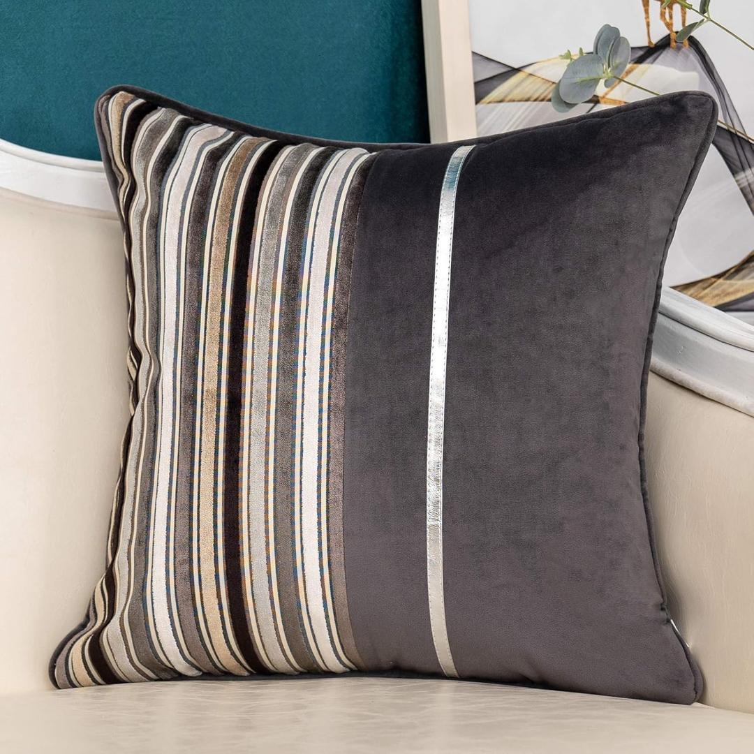 Yangest Grey Striped Patchwork Throw Pillow Cover Gold Leather Cushion Cover Zippered Pillowcase for Sofa Couch Bedroom Living Room Home Decoration,18x18 Inch