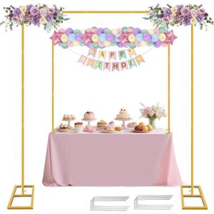 Square Backdrop Stand, Wedding Arch Heavy Duty Adjustable Stand, Over The Table Rod Stand with Clamps, Metal Gold Garden Balloon Frame for Baby Shower Party Decoration (2-IN-1 6.5 FT)