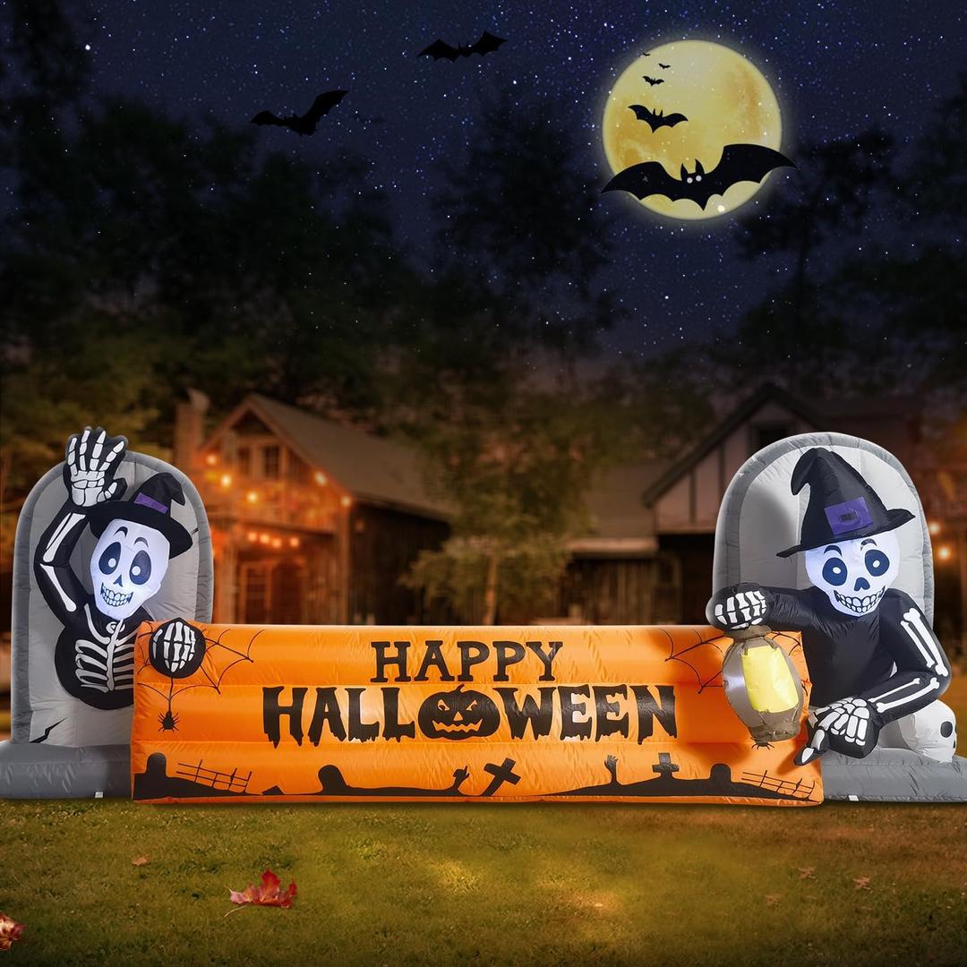 DomKom 10FT Large Halloween Inflatable Decorations Skeleton Tombstone Banner, Build-in LED Lights Holiday Blow Up Yard Decoration for Halloween Holiday Party OutdoorGarden Yard Lawn Decor