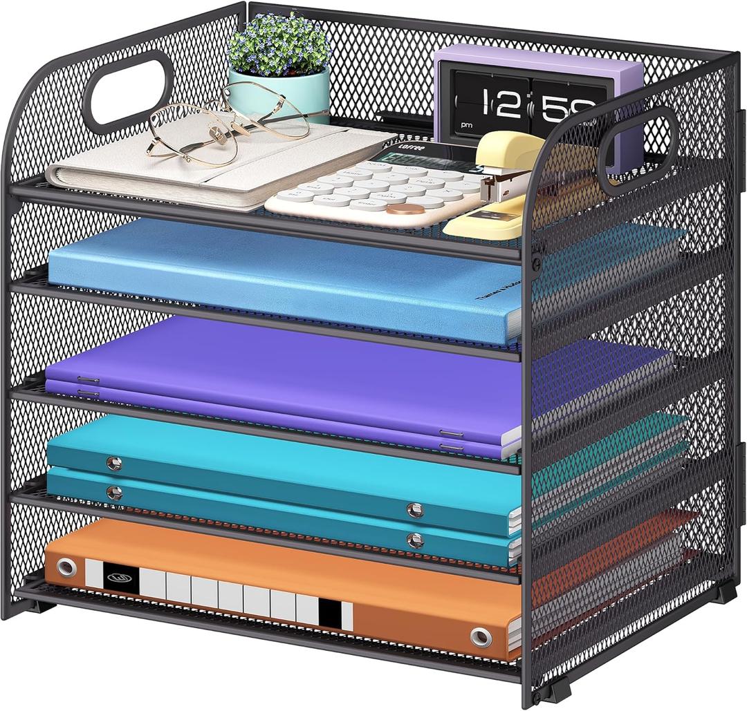 5 Tier Paper Organizer with Handle, Metal Mesh Desk Organizer File Folder Paper Letter Tray Desktop Document Sorter for Classroom, School, Office Accessories Organization and Storage - Grey 