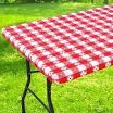 Rectangle Vinyl Table Cloth, Waterproof Elastic Fitted Tablecloth with Flannel Backing, Plastic Table Cover for Picnic, Camping, Outdoor (Red & White, 30"x96")