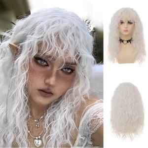 White Wigs with Bangs for Women Long Curly Wavy Soft Cosplay Halloween Costume Anime Wig