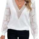 BEAUDRM Women's Floral Lace Blouses Long Sleeve V-Neck Autumn Work Shirt Office Shirt Tops (S)