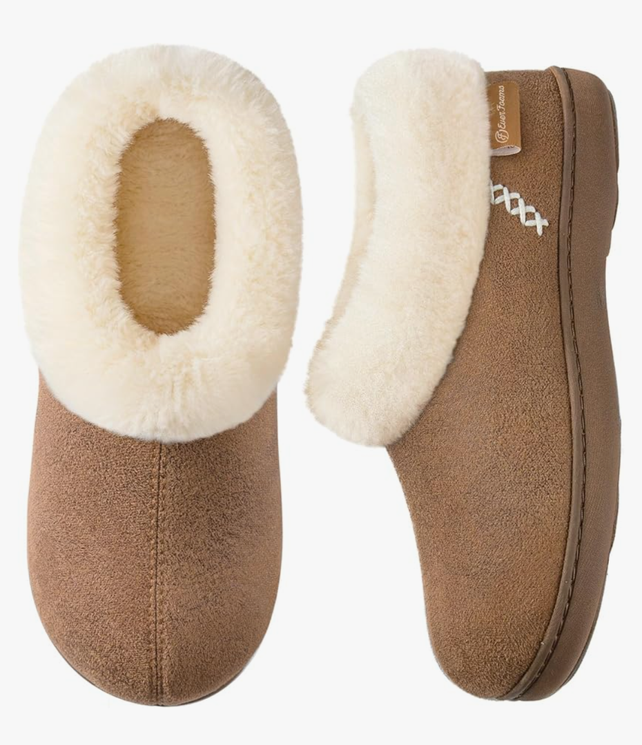 EverFoams Women's Microsuede Cozy Memory Foam Winter Slippers with Fuzzy Faux Fur Collar and Indoor Outdoor Rubber Sole Light Brown 7-8