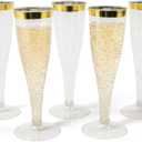 Prestee 48 Disposable Plastic Champagne Flutes With Gold Rim Glitter - Clear Toasting Glasses for Mimosa, New Years Eve Party, and Elegant Celebrations - Premium Quality Disposable Stemware