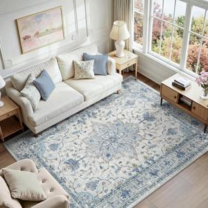 Area Rugs 6'x9' Washable Non-Slip, Floral Vintage Distress Print Pattern Medallion Carpet for Living Room Bedroom Dining Room, Light Blue Navy Beige Gray White