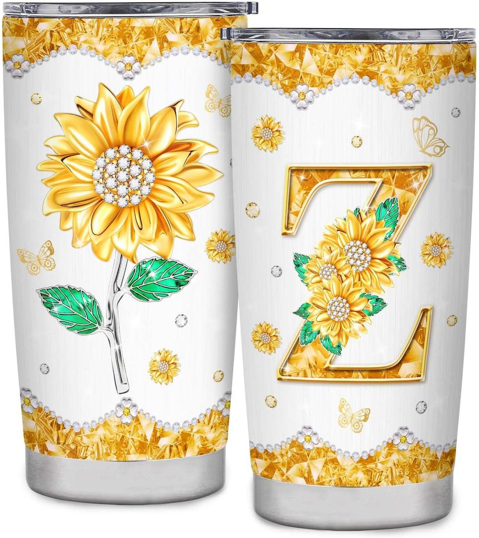 Initial Z Tumbler Mug, Monogrammed Sunflower Gift for Women, Personalized 20oz Cup for Wedding, Birthday, Graduation Party, Unique Initial Present for Her, Mom, Teacher