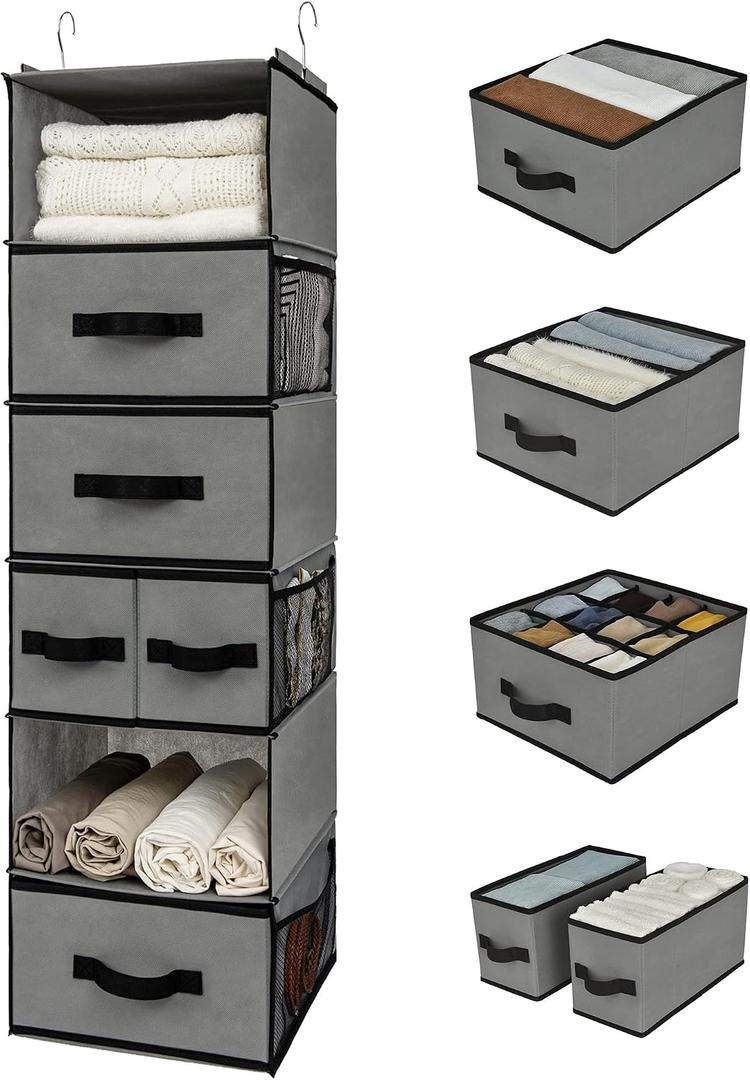 GRANNY SAYS Hanging Closet Organizer 6 Shelves, Closet Organizers and Storage with 5 Drawers, 6 Side Pockets Closet Hanging Organizer, Hanging Storage Organizer for Closet, Baby Clothes, Gray, Inseparable