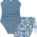 KANGKANG Girls Swimsuit Quick Dry Cut Out One Piece Swimsuits with Tropical Print Cover Up Skirt Bathing Suit Swimwear (11-12 Years, Dark Blue)