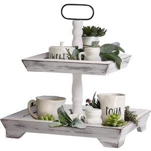 Tiered Tray Stand Farmhouse Tiered Tray for Decors Holder 2 Tiered Tray Stand for Kitchen Bedroom Entryway Coffee Bar (Pure White)