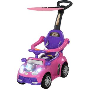 Qaba Push Car for Kids 1-3 Years, 3 in 1 Ride on Sliding Car, Foot to Floor Baby Push Car with Removable Handle, Music, Horn, Canopy, Safety Guardrail for Boys and Girls, Pink