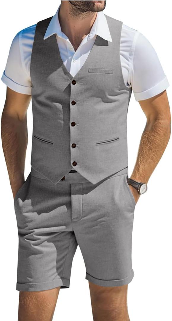 Men's Suit Linen 2 Piece Vests Short Pants Suits for Men Casual Summer Beach Groomsmen Wedding Waistcoat Set Outfit (4X-Large, Grey)