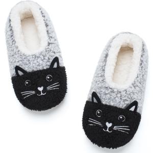 Cozylook Cute Animal House Slippers - Fuzzy Warm Bedroom Slipper Socks Non-Slip Grippers with Funny Face Designs, Fun Christmas Gifts Unique (4-6 Big Kid, Grey Cat)