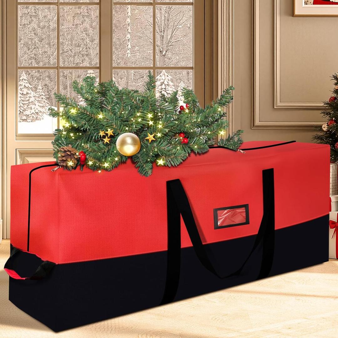 Heavy Duty Christmas Tree Storage Bag for Trees Up to 9ft  Waterproof, 600D Durable Zipper & Handles, Holiday Storage Solution (Black&Red)
