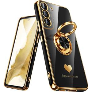 for Samsung Galaxy S22 5G Case, 360 Rotatable Ring Holder [Luxury Hearts Pattern] Plating Gold Edge Slim Soft Phone Cover Case for Galaxy S22 - Black