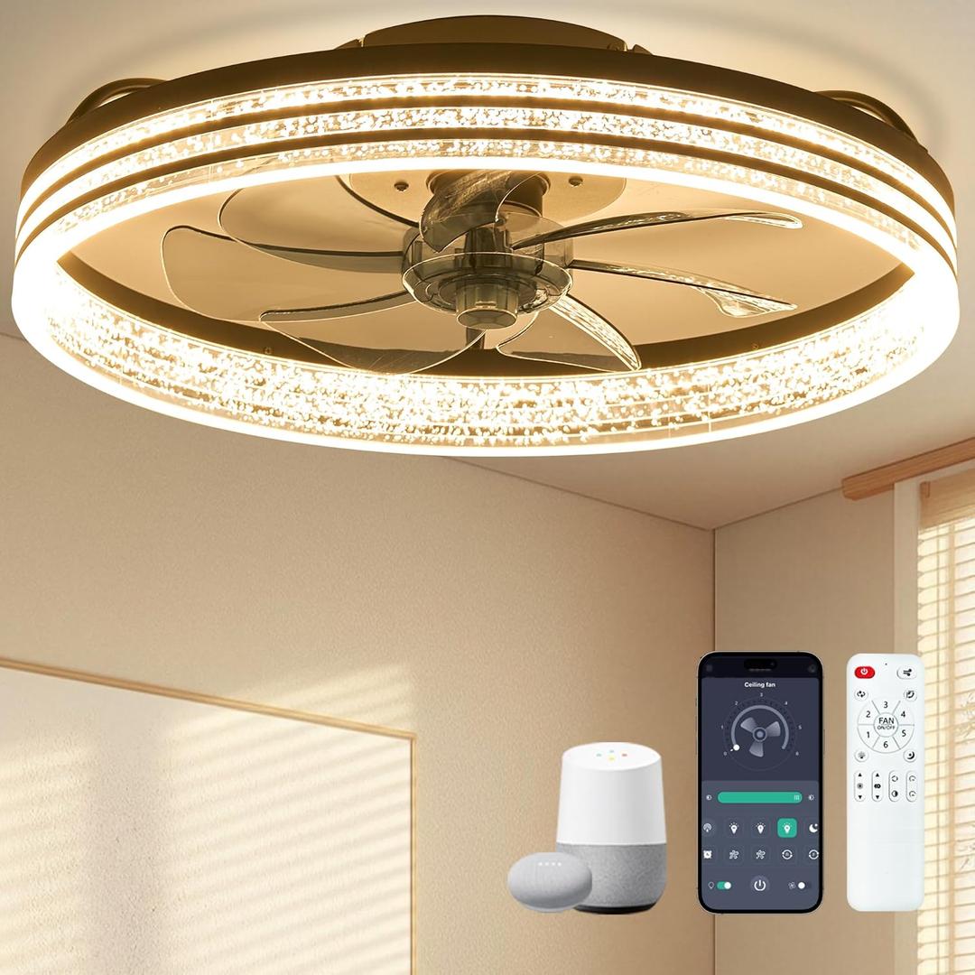 Smart Ceiling Fans with Lights Remote - WiFi Alexa 20'' Flush Mount Low Profile Modern Ceiling Fans for Bedroom -Stepless Color Temperature and 6 Speeds - Crystal Stripe