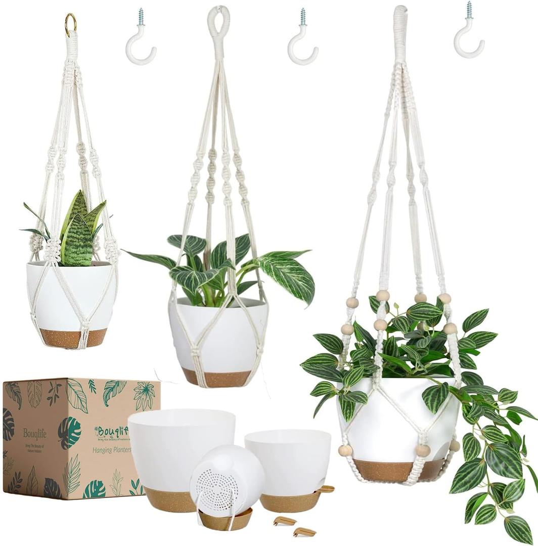 Bouqlife Hanging Planters with Macrame Plant Hangers for Indoor Outdoor Plants 3 Set Self Watering Pots Hanging Baskets Flower Pot Holders 3 Different Size