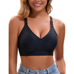 Womens Deep V Bras Wireless Comfortable Bra Supportive No Underwire Bras Tshirt Push Up Bralettes Plunge Seamless Bra (Black, XXL)