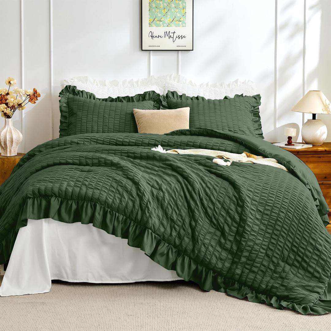 JOLLYVOGUE Olive Green King Comforter Set,3pcs Seersucker Comforters King
