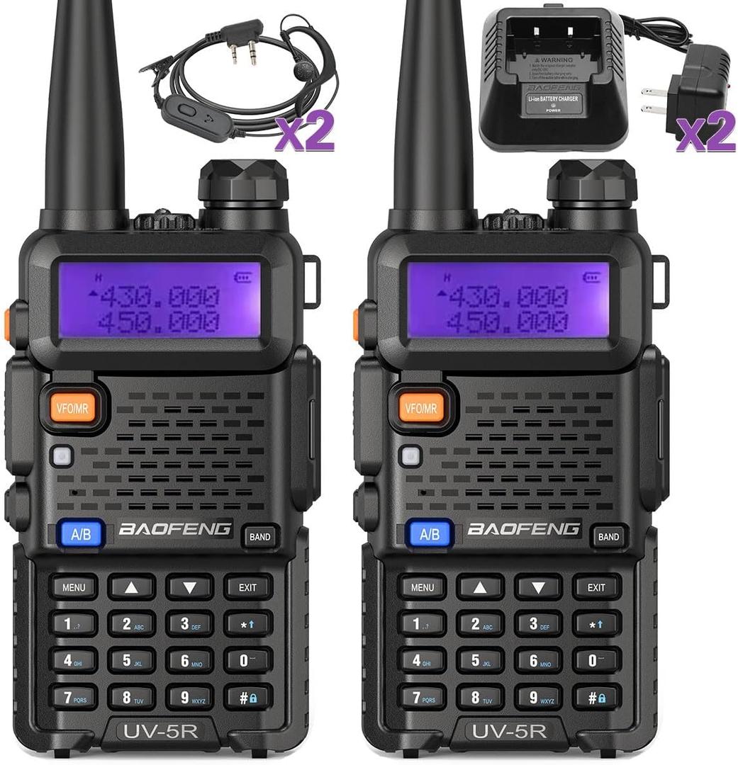 Baofeng UV-5R Radio Ham Radio Handheld UV5R Long Range Dual Band Rechargeable High Power Two Way Radio Walkie Talkies with 1800mAh Li-ion Battery and Earpiece for Hunting Camping Survival Gear,2 Pack