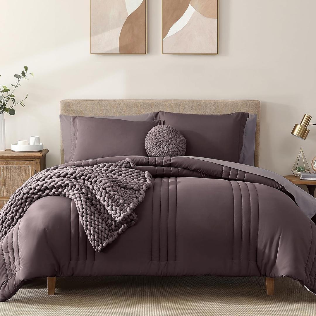 Monbix Queen Comforter Set - 7 Pieces ltalian Plum Bed in a Bag Queen Bedding Sets with Comforters, All Seasons Comforter Bed Set with Sheets, Pillowcases & Shams (Queen(90"X90"))