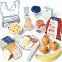 Lehoo Castle Wooden Play Food Set - Montessori Cutting Fruit Egg Bread, Pretend Breakfast Food Toys for Kids Kitchen, Educational Toddler Toys 3-5 Years, with Storage Bag, Birthday Gift for Boys Girls