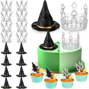18 Pcs Witch Themed Cake Decorations Witch and Princess Theme Cupcake Toppers Silver Crown Black Hat for Pink and Green Party Magic Movie Theme Halloween Party Birthday Cake Supplies