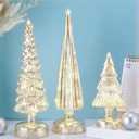 Retisee 3 Pcs Silver Illuminated Mercury Glass Christmas Tree Figurines with LED Lights Tabletop Lighted Xmas Tree Battery Operated Table Centerpiece for Holiday Fireplace Decor Winter Gifts(Elegant)
