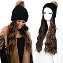 HOOJIH Knitted Beanie Wig, Hat Hair Extension Long Wavy Curly Black Hat Wig with Faux Fur Pom Hat Attached 18 Inch Synthetic Hairpiece for Women Girls Winter - Black Brown with Highlights