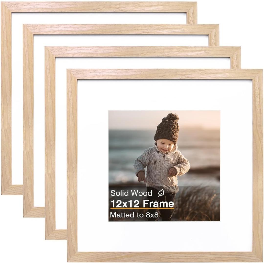 KINLINK 12x12 Picture Frame, Natural Square Solid Wood Frames for Pictures 8x8 with Mat or 12x12 without Mat, Wall Display Photo Frames Natural Wood 4 Pack